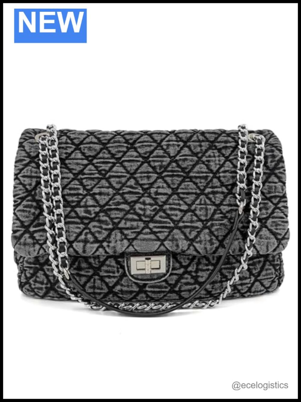 Quilted Washed Denim Hobo Bag with Chain Straps Turn-Lock Flap